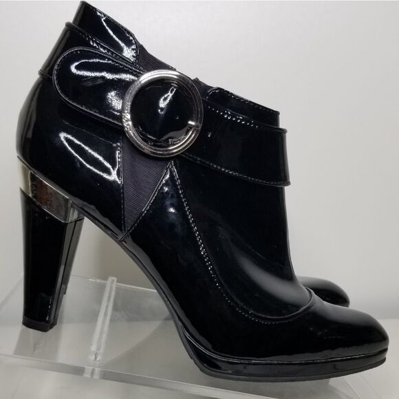 Reba Black Chrome Patent‎ Leather Zip Up Ankle Boot Size 8M - Picture 2 of 13